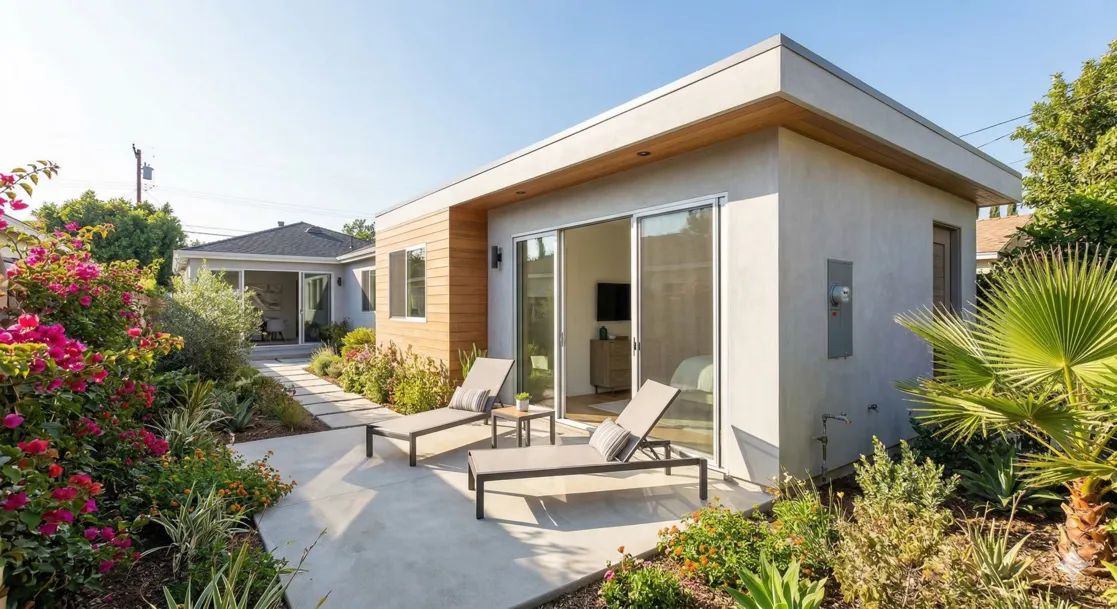 Exterior of a modern detached ADU in a Los Angeles backyard with sliding glass doors and a concrete patio.